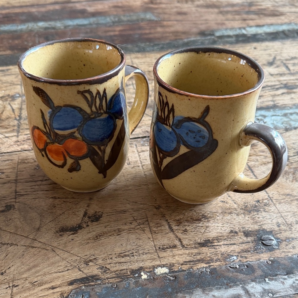 vintage Otagiri speckled stoneware mugs with a hand-painted floral design.